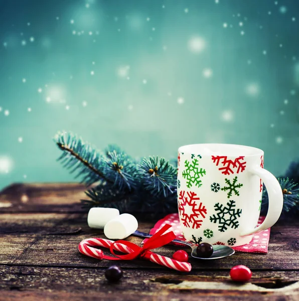 Closeup View Coffee Cup Marshmallows Christmas Decorations Wooden Table — Stock Photo, Image