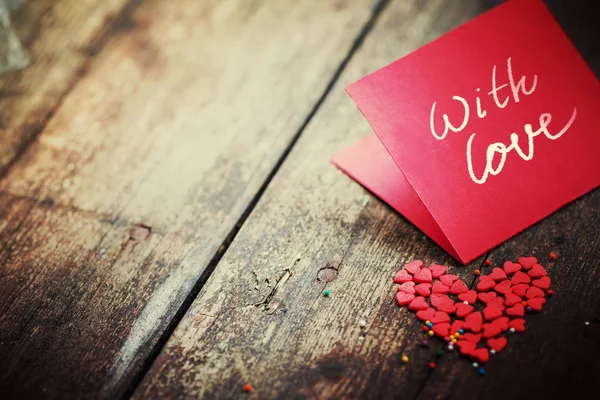 Beautiful Pink Card Hearts Wooden Table — Stock Photo, Image