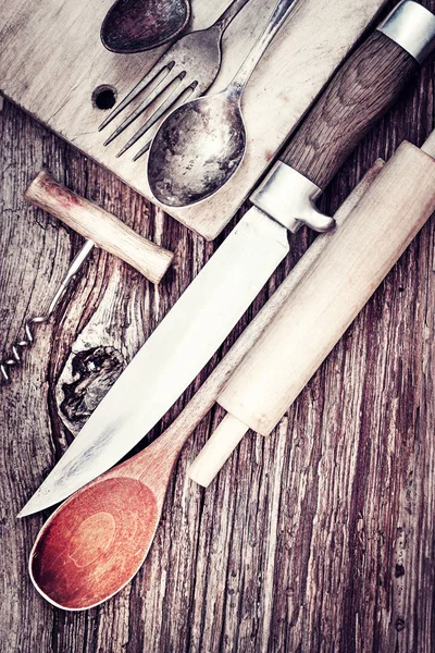 Primo Piano Vista Utensili Cucina Vintage Sul Tavolo Legno — Foto Stock