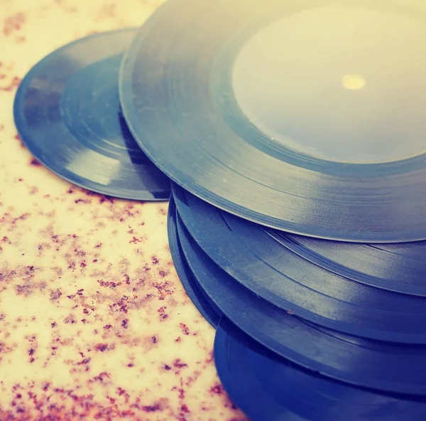 Closeup View Vinyl Records Heap Wooden Table — Stock Photo, Image