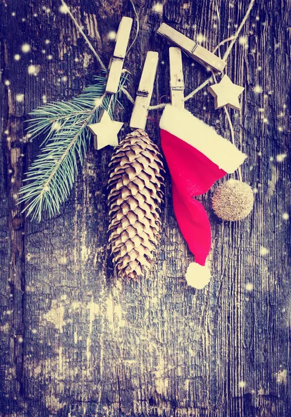 Vista Vicino Del Cappello Babbo Natale Decorazioni Natalizie Stile Vintage — Foto Stock