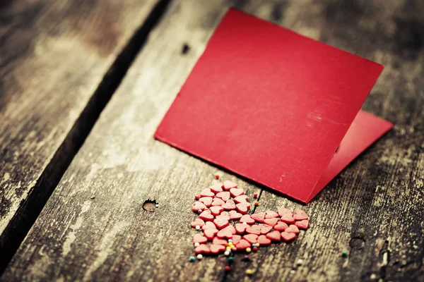 Corazones Románticos Coloridos Sobre Fondo Madera — Foto de Stock