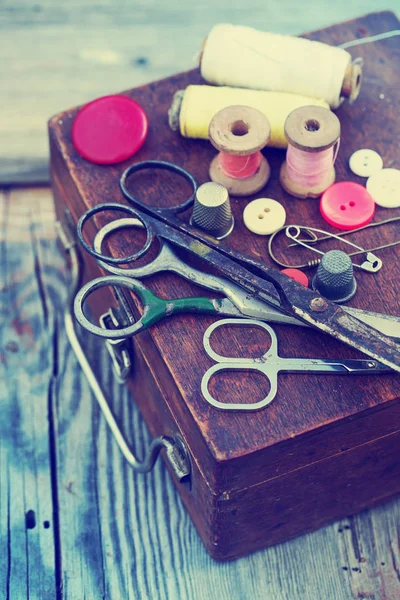 Vintage Sewing Tools Wooden Table — Stock Photo, Image