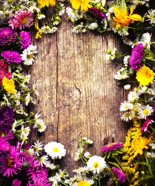 Kahverengi Ahşap Arka Plan Üzerinde Renkli Kır Çiçekleri — Stok fotoğraf