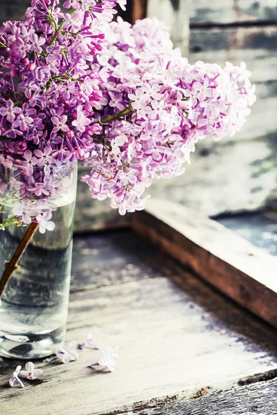 Fioletowe Kwiaty Bzu Drewnianym Stole — Zdjęcie stockowe