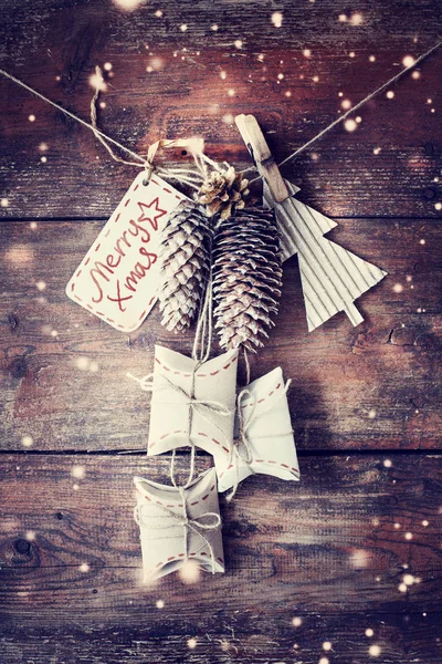 Closeup View Christmas Decorations Vintage Style Hanging Rope Wooden Background — Stock Photo, Image