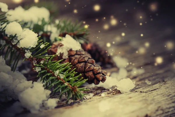 Vista Cerca Los Conos Pino Nieve Como Decoraciones Navidad Sobre — Foto de Stock