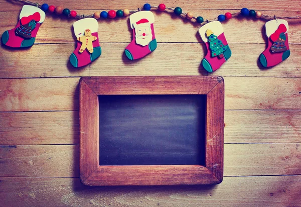 Closeup View Chalkboard Christmas Decorations Vintage Style — Stock Photo, Image