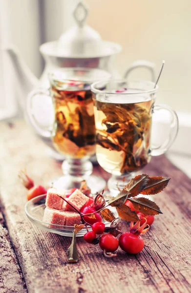 Vue Rapprochée Tasses Thé Frais Avec Sucre Brun — Photo