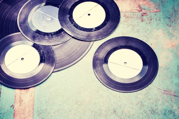 Closeup View Vinyl Records Heap Wooden Table — Stock Photo, Image