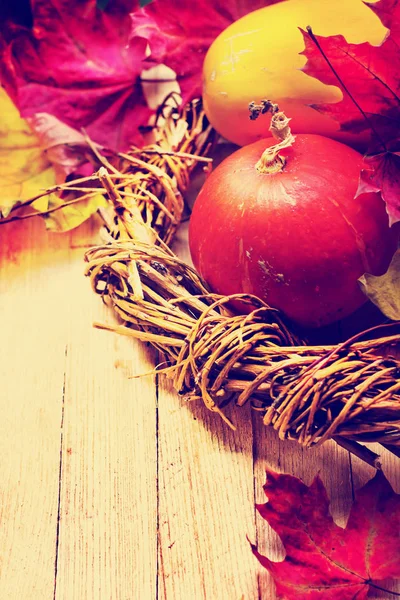 Citrouilles Feuilles Automne Dans Nid Improvisé — Photo