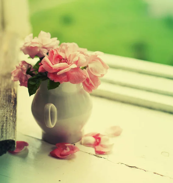 Fresh Cut Pink Peony Roses Vase Windowsill — Stock Photo, Image