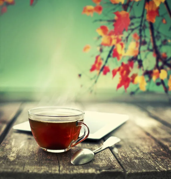 Cup Tea Tablet Wooden Table — Stock Photo, Image