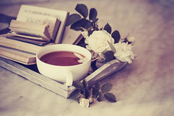 Cup Tea White Flowers Books — Stock Photo, Image