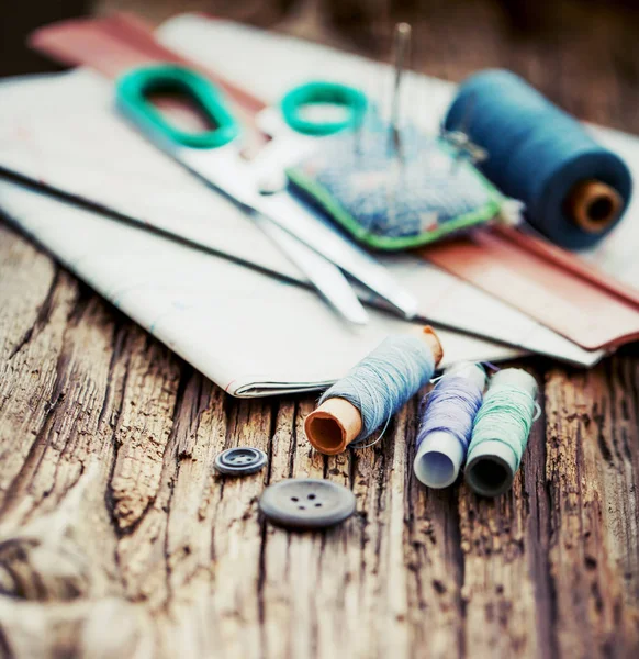 Different Sewing Tools Wooden Table — Stock Photo, Image