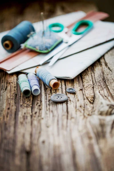 Different Sewing Tools Wooden Table — Stock Photo, Image