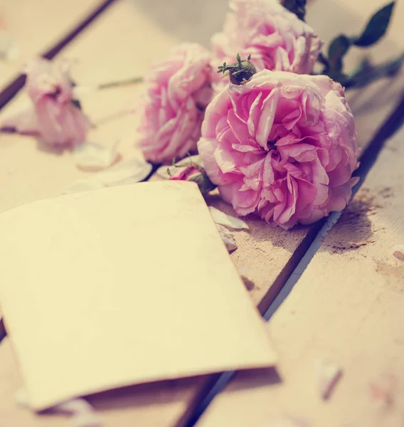 Fresh Cut Pink Peony Roses Garden Wooden Table Empty Card — Stock Photo, Image