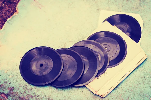 Closeup View Vinyl Records Heap Wooden Table — Stock Photo, Image