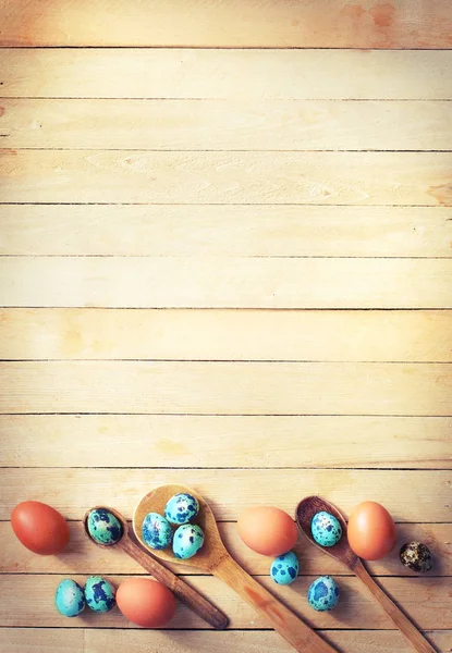 Festive Easter Eggs Spoons Wooden Table — Stock Photo, Image