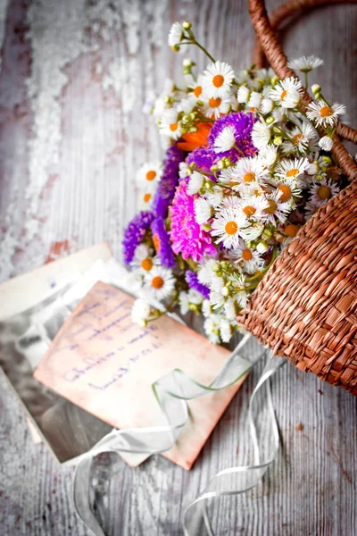 Closeup View Natural Wild Flowers Bouquet Basket Wooden Surface — Stock Photo, Image