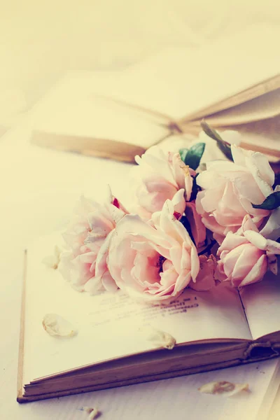 Fresh Cut Peony Roses Old Open Book — Stock Photo, Image