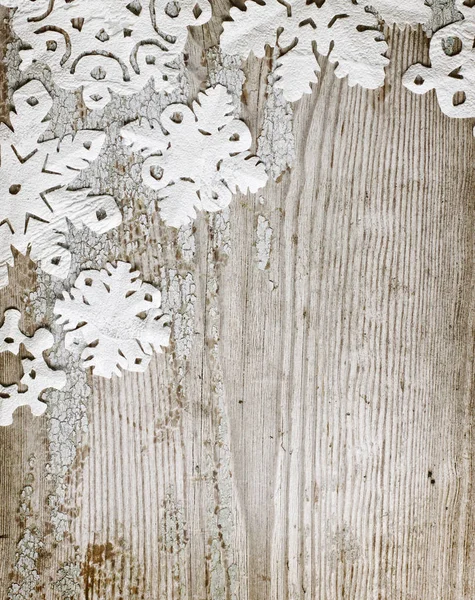 Top View Christmas Background Snowflakes Wooden Table — Stock Photo, Image