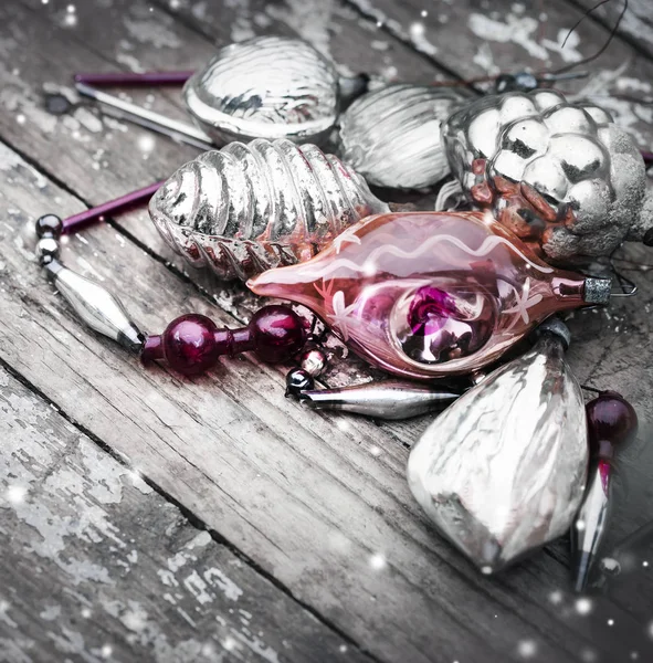 Shiny Baubles Wooden Table Vintage Colours — Stock Photo, Image