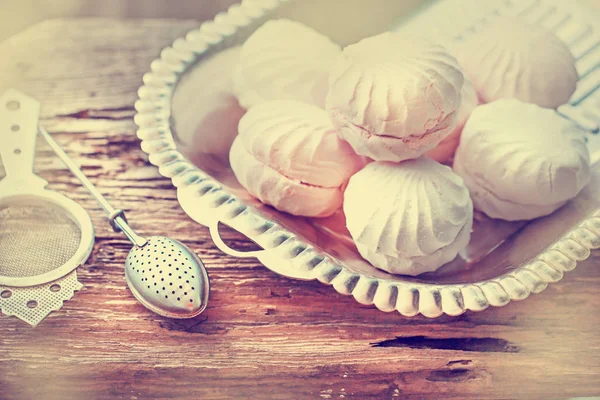 Closeup View Tasty Marshmallows Wooden Table — Stock Photo, Image