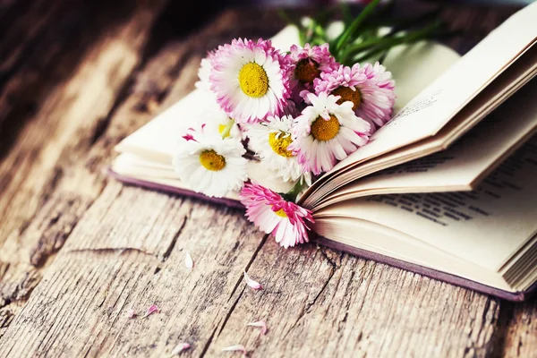 Heller Strauß Gänseblümchen Auf Offenem Buch Auf Holztisch — Stockfoto