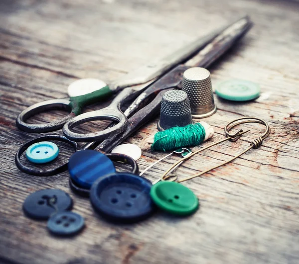 Vintage Sewing Tools Wooden Table — Stock Photo, Image