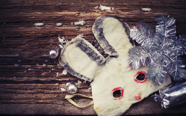 Closeup View Rabbit Mask Colorful Christmas Decorations Vintage Style — Stock Photo, Image
