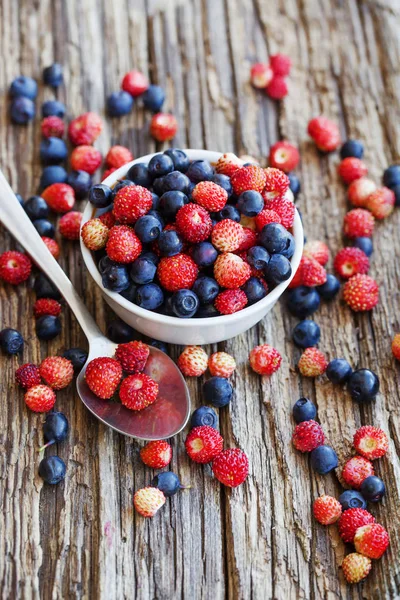 Ripe Strawberries Blueberries Bowl Wood Stock Photo