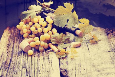 şişe beyaz şarap, üzüm ve mantarlar ahşap tablo