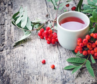 bitkisel çay Kupası masada kırmızı çilek ile