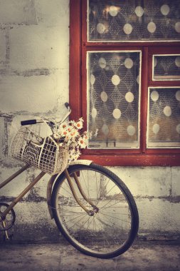 closeup görünümü sepeti vintage bisiklet üzerinde asılı papatya çiçeği ile