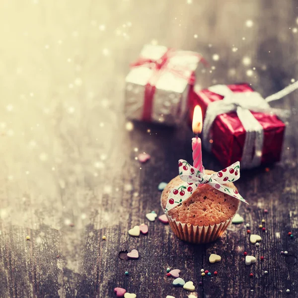 Vue Rapprochée Cupcake Avec Bougie Décorations Noël Colorées Dans Style — Photo