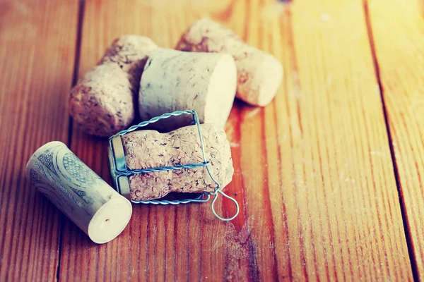 Corkscrew Corks Vintage Colors Weathered Wooden Table — Stock Photo, Image