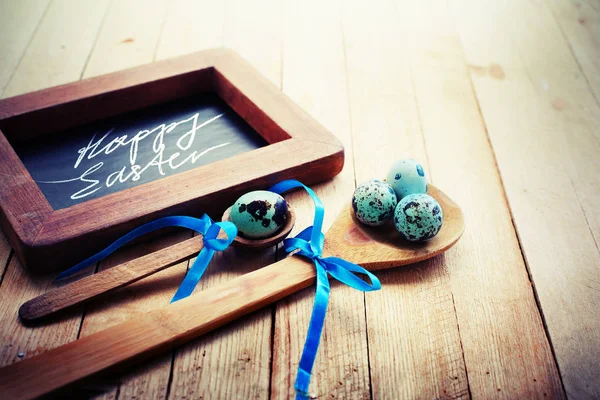 Elevated View Easter Eggs Chalkboard Wooden Background — Stock Photo, Image