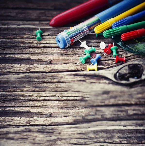 Vista Cerca Diferentes Útiles Escolares Mesa Madera — Foto de Stock