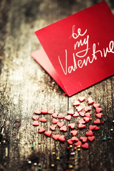 Beautiful Pink Card Hearts Wooden Table — Stock Photo, Image