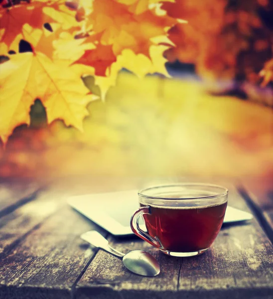 Cup Tea Tablet Wooden Table — Stock Photo, Image