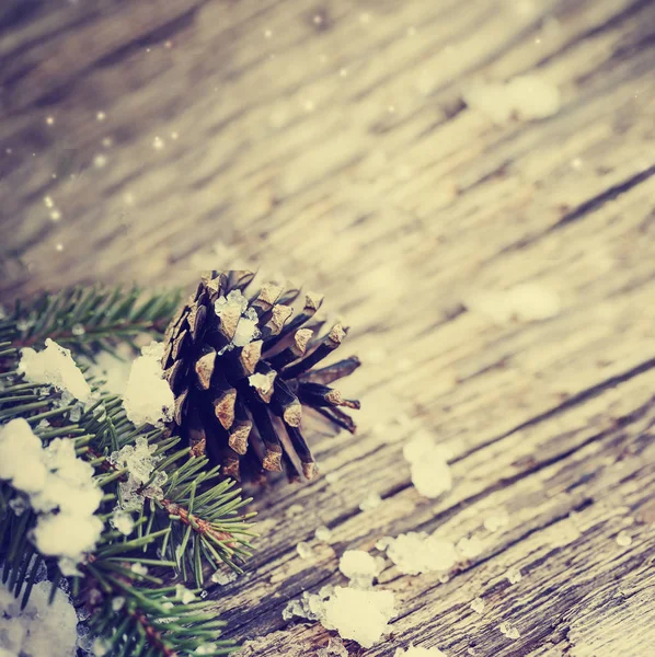 Closeup View Pine Cones Snow Christmas Decorations Wooden Background — Stock Photo, Image