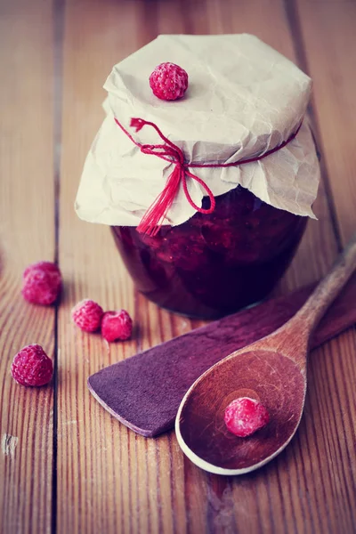 Seasonal Berry Jam Canned Jar Wooden Utensils Table — Stock Photo, Image