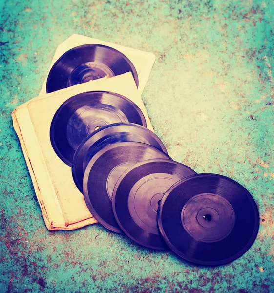 Closeup View Vinyl Records Heap Wooden Table — Stock Photo, Image