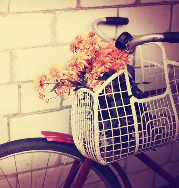 Nahaufnahme Von Korb Mit Löwenzahn Hängen Auf Vintage Fahrrad — Stockfoto