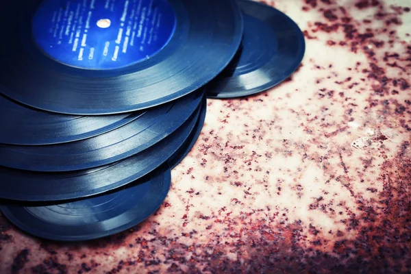 Closeup View Vinyl Records Heap Wooden Table — Stock Photo, Image