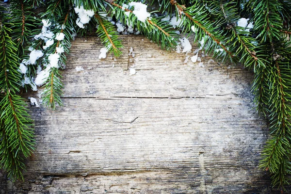 Top View Wooden Table Decorated Christmas Fir Tree Branches — Stock Photo, Image