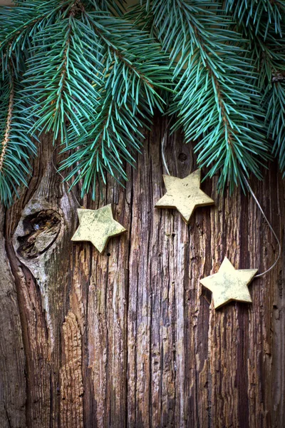 Fir Branches Christmas Decorative Stars Wooden Background — Stock Photo, Image