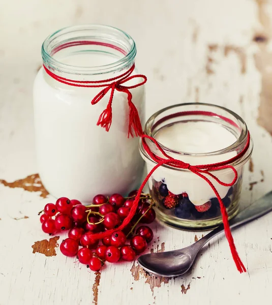 Romige Gedecoreerde Dessert Glas Met Rode Bessen Jar Van Melk — Stockfoto