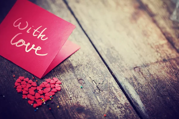 Beautiful Pink Card Lettering Wooden Table — Stock Photo, Image